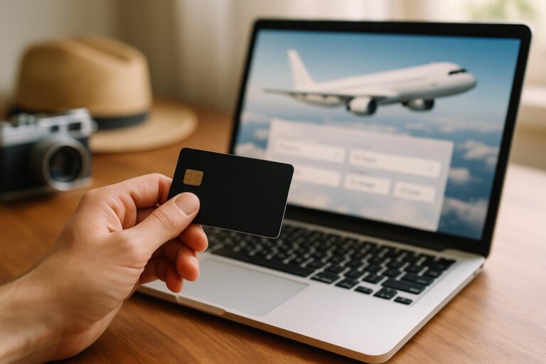 Platba za letenky Wizz Air - platební karta u notebooku s rezervací letu