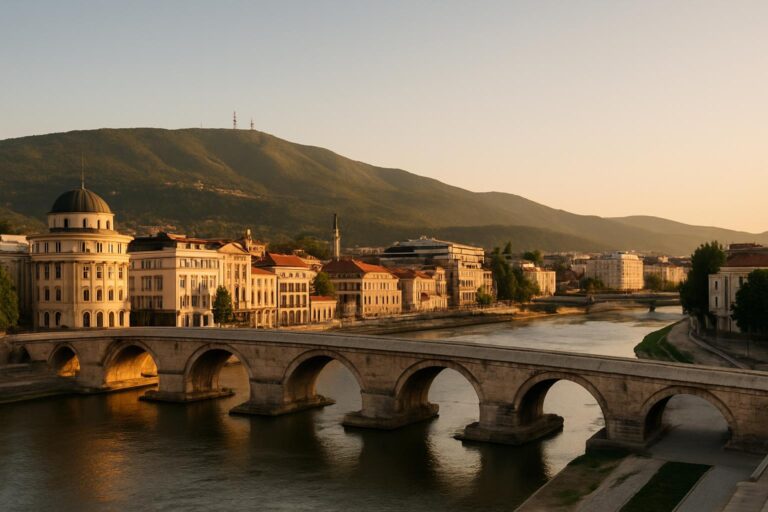 Skopje, hlavní město Severní Makedonie, s Kamenným mostem přes řeku Vardar