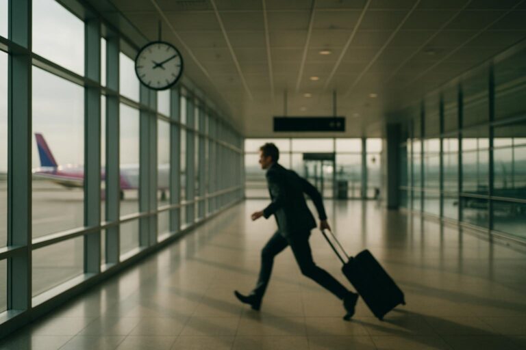 Zmeškaný let Wizz Air – cestující spěchá odletovou halou k bráně