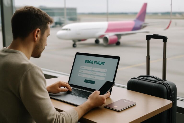 Cestující při rezervaci Wizz Air na notebooku na letišti