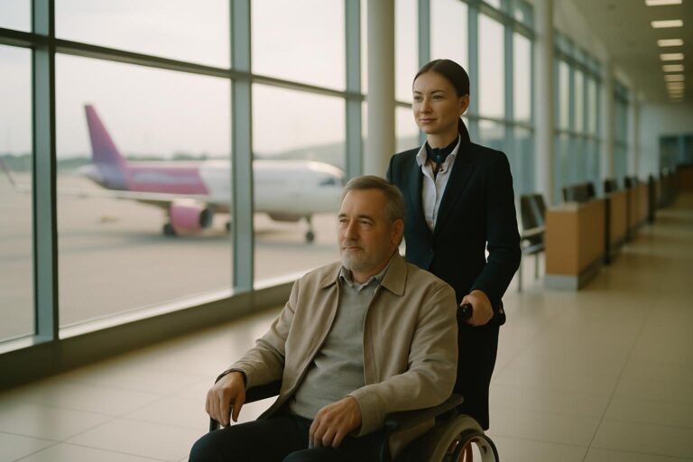 Asistence Wizz Air: pracovník letiště veze cestujícího na letištním vozíku k odbavovacím přepážkám