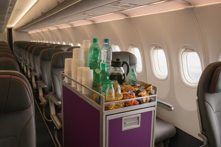 Občerstvení na palubě Wizz Air – servisní vozík s nápoji a snacky v kabině letadla