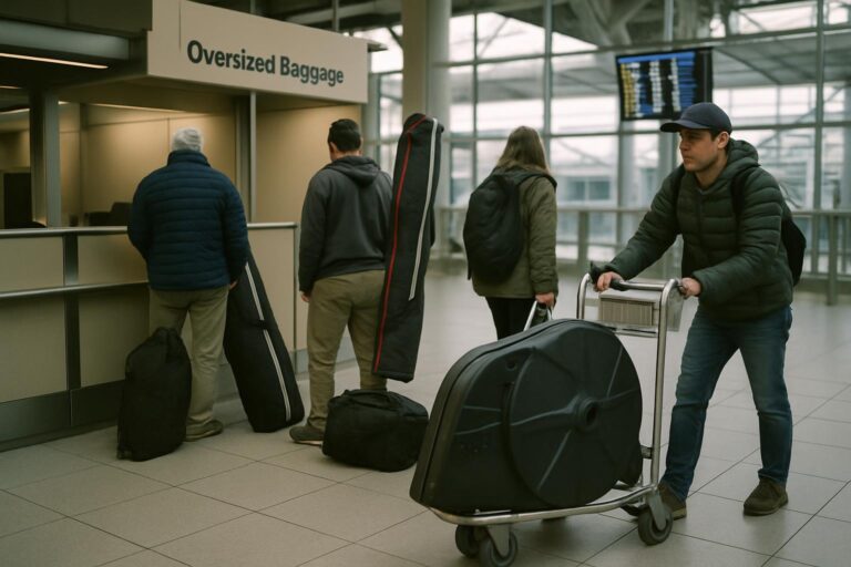 Cestující s vaky na lyže a s kolem v transportním kufru u přepážky pro nadrozměrná zavazadla v odbavovací hale letiště