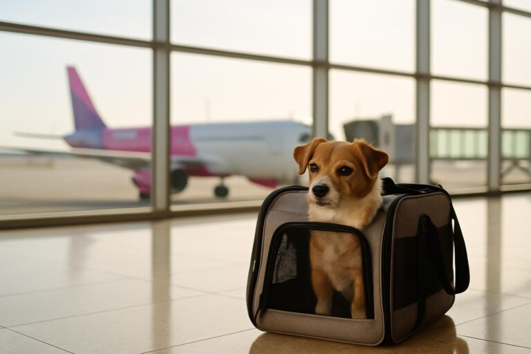 Zvířata na palubě Wizz Air: pes v přepravce v odletové hale letiště